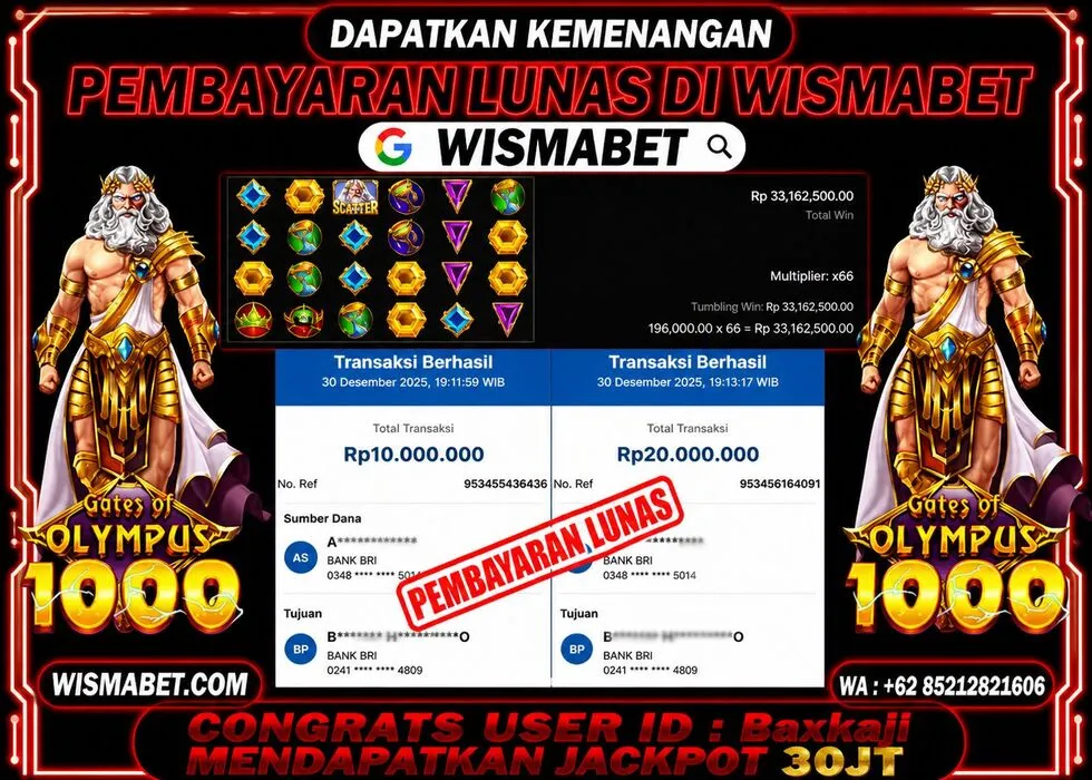 Wismabet - BUKTI KEMENANGAN Gates of Olympus 1000 Rp30,000,000,- LUNAS